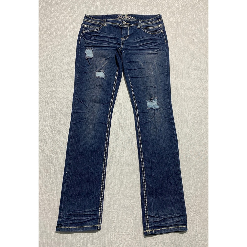 Premiere‎ Womens Jeans 7/8 Dark Wash Distressed Embellished Rhinestone Whiskers
